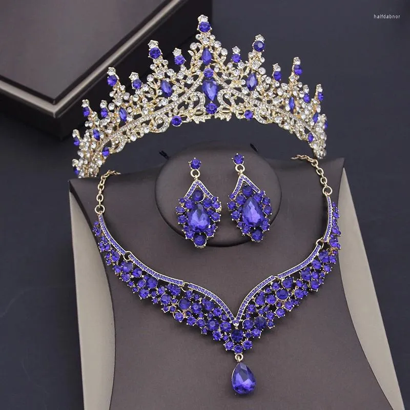 Halsband örhängen set underbara blå kristall bröllop krona uppsättningar för kvinnor brud prom brud tiaras flickor