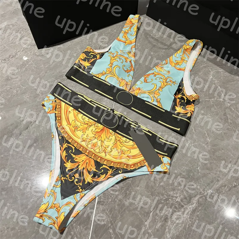 Classic Print Bathing Suit Sexy Deep V Neck Swimwear Women High Waist Split Swimsuit Fashion Designer Backless Biquinis