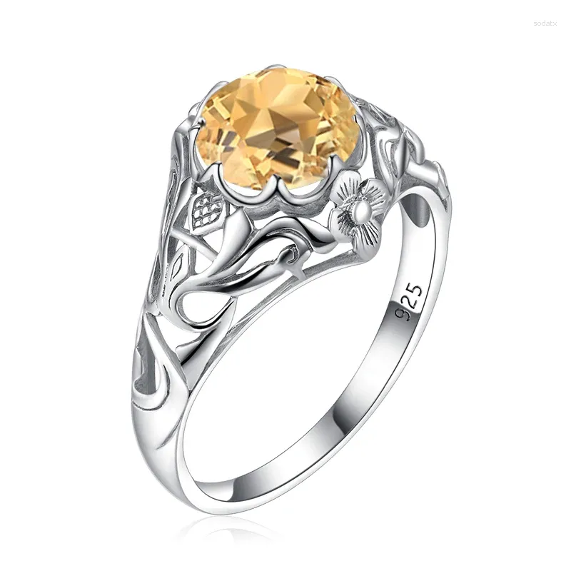 Cluster Rings Anillos Mujer Citrine Stone 925 Sterling Silver Ring For Women Prong Setting Round Gemstone Boho Fine Jewelry Anniversary