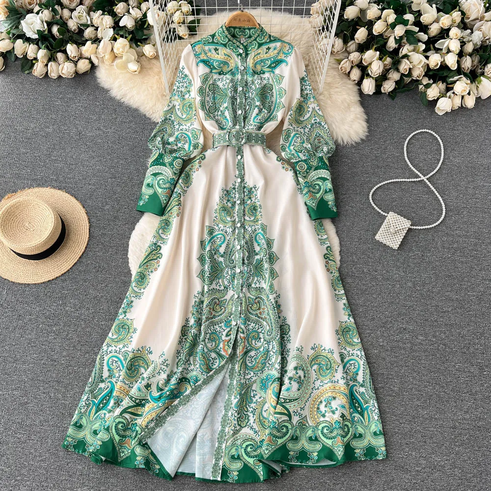 Ny cool stil klänning med hög känsla stående nackfragmenterad blomma klänning elegant kändis midja inslaget a-line lång klänning