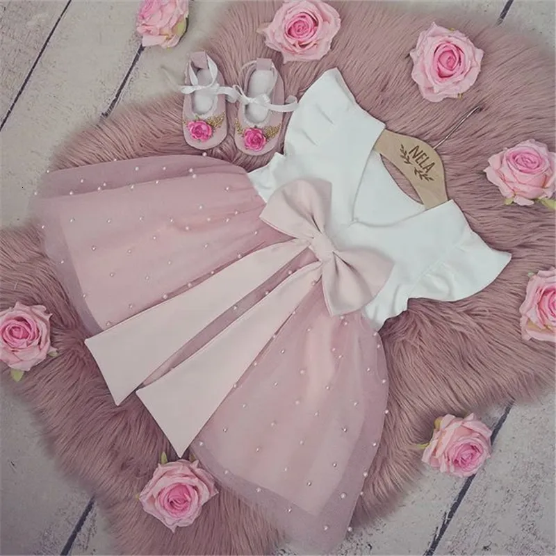 Girl's Dresses 05Y Summer Princess Infant Baby Girls Dress Ruffles Sleeve Solid Pearl Lace Patchwork Back Bowknot Tutu Dress 230412