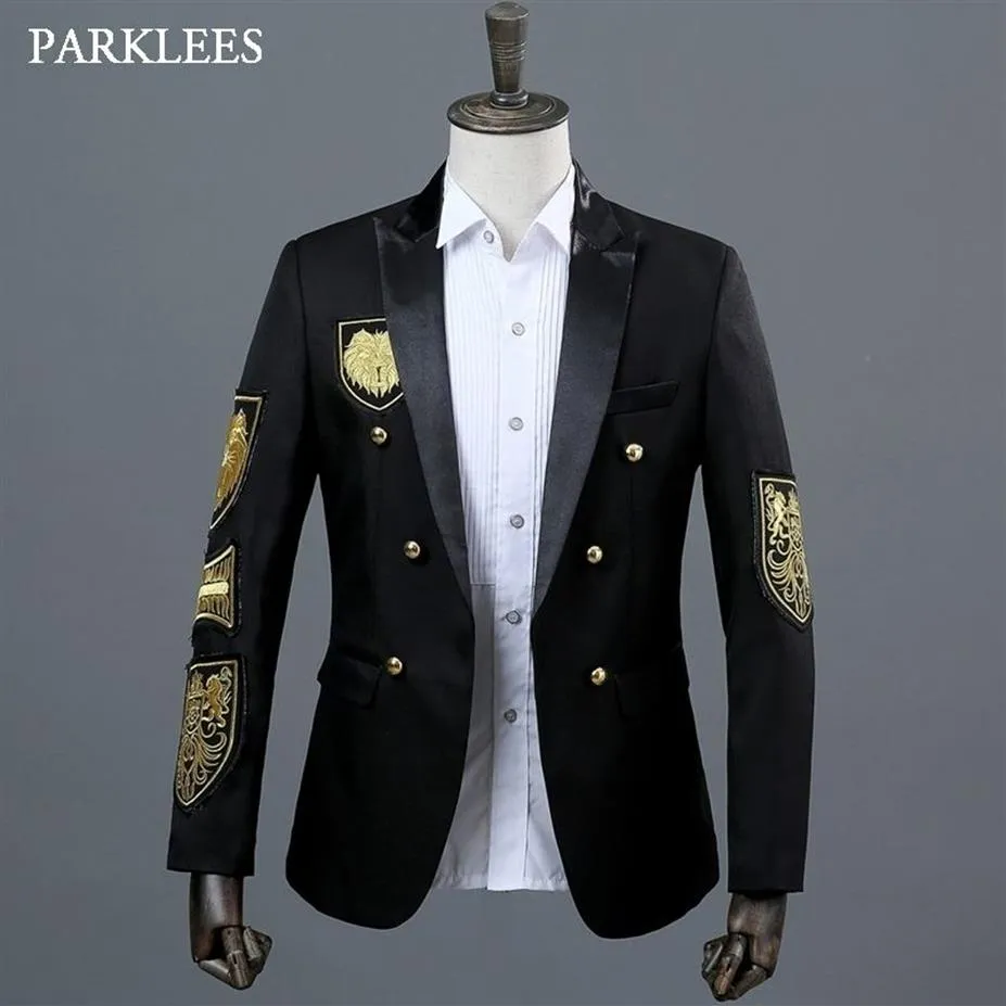 Medalha de ouro bordado blazer jaqueta masculina casual lapela duplo breasted terno preto palco baile mostrar cantor vestido militar homme 22619