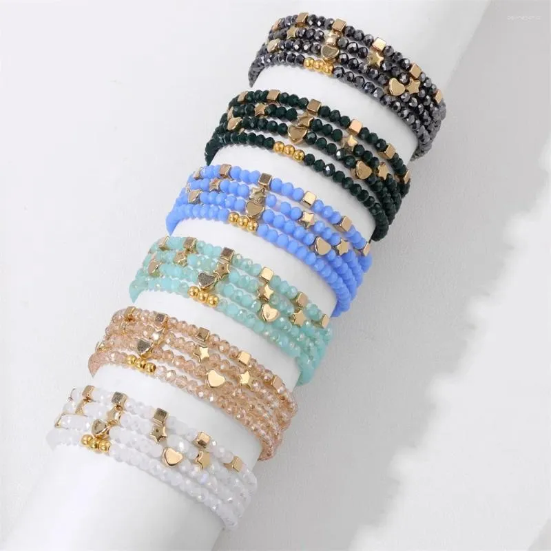 Strand 4PCS/SET Crystal Bead Bracelets Gold Color Cube Heart Round Charm Bracelet Glass Stretch Bangle Jewelry For Women Men