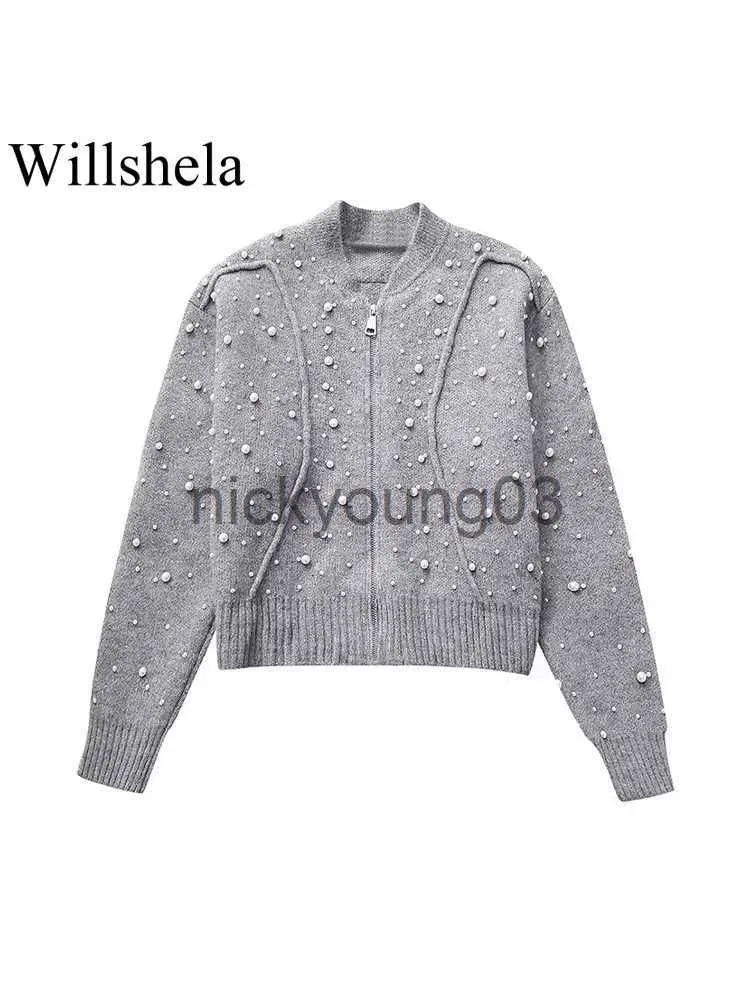 Damenjacken Willshela Damenmode mit Faux Pearl Grey Frontreißverschluss Bomberjacken Vintage O-Ausschnitt mit langen Ärmeln Weibliche schicke Damenoutfits J231113