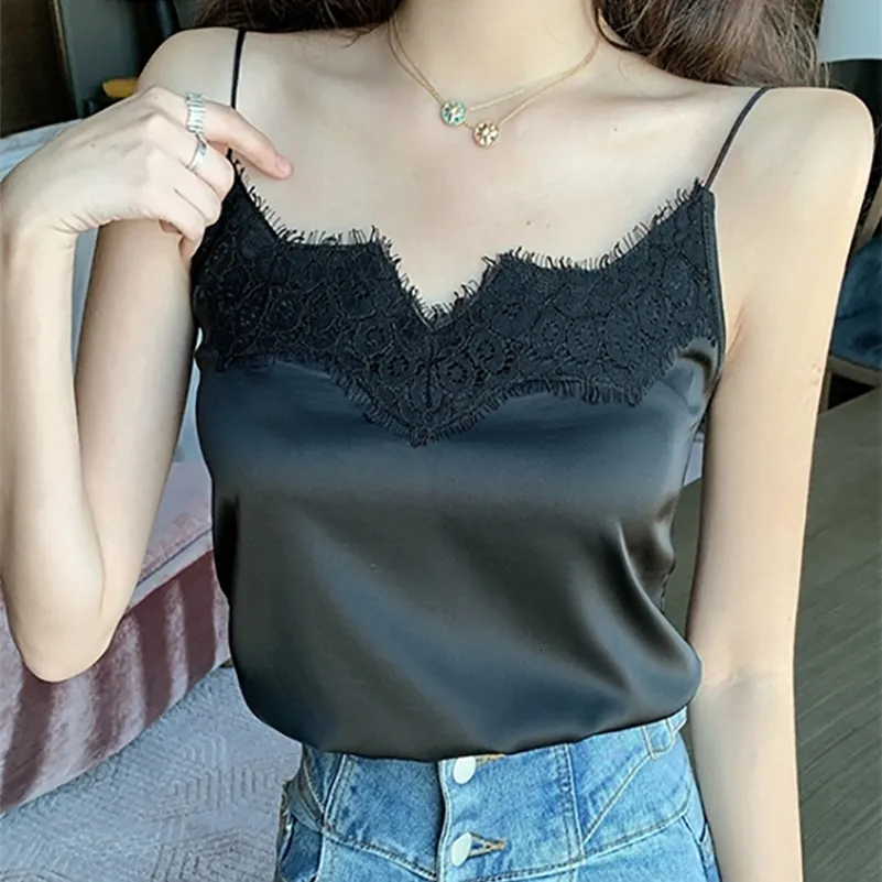 Camisoles Tanks Lace Strap Silk Top Women Sexig grimma V Neck ärmlös Crop Top Satin Tank Topps Women Underwear Camisole 230413