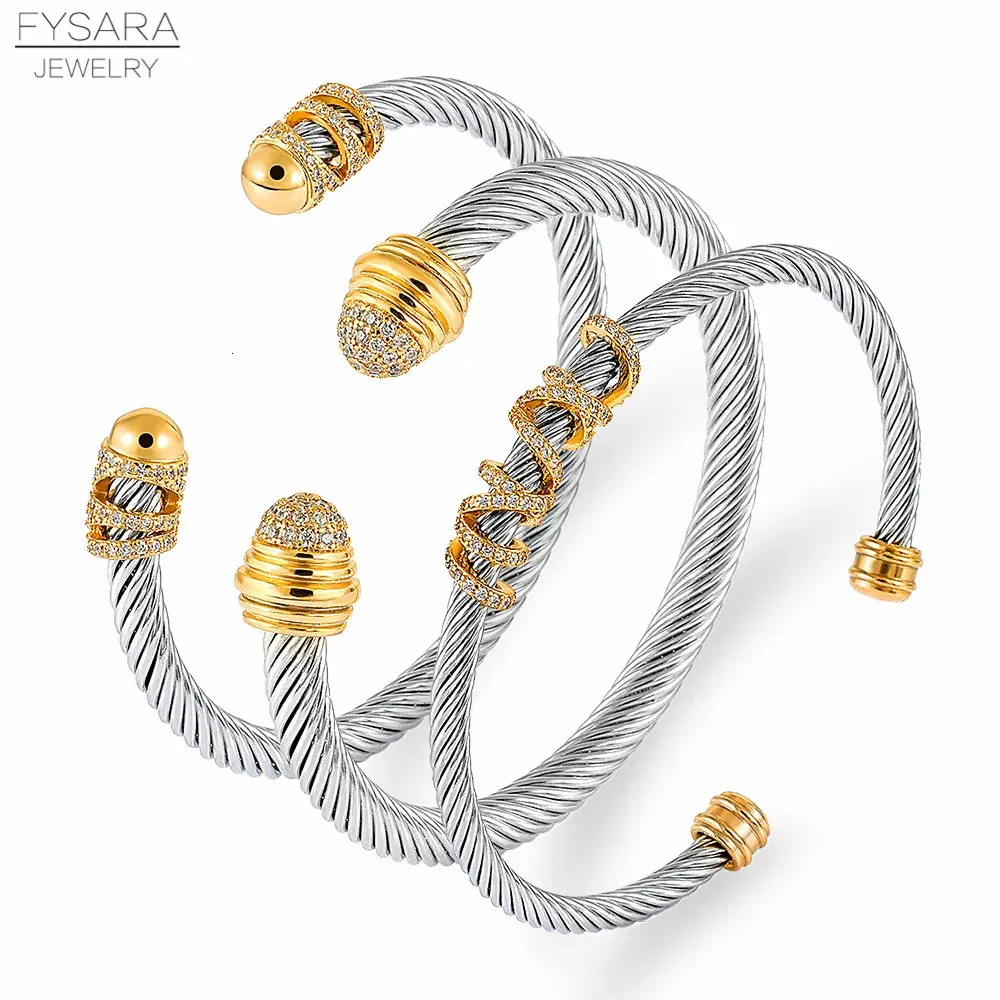 Bracelet FYSARA à la mode luxe empilable en acier inoxydable torsion Bracelet pour les femmes de mariage complet cubique Zircon cristal CZ ouvert manchette Bracelet 231113