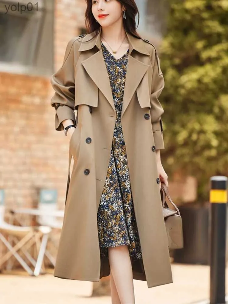 Trenchs Femme Trench Coat pour femmes 2023 hiver automne solide revers double boutonnage Long pardessus hauts coupe-vent femmes vêtements vestes WarmL231113