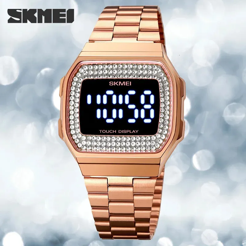 Dameshorloges Modieus Dameshorloges Luxe LED-licht Digitaal horloge Roestvrij staal Dames Jurkhorloge Kalender Klok SKMEI-armband 231102