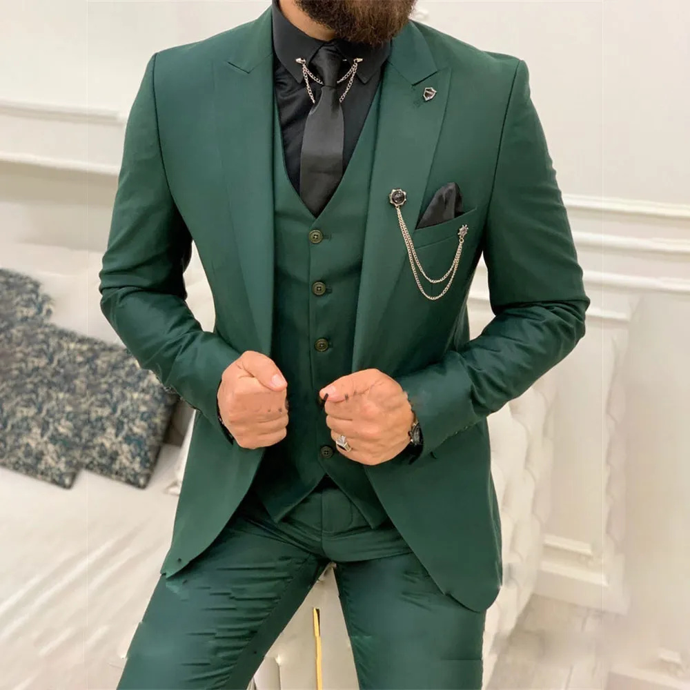 Tuxedos de casamento de casamento de manche de 3 peças, verde esmeralda verde esmeralda, traje personalizado de casca e colete de jaqueta personalizada