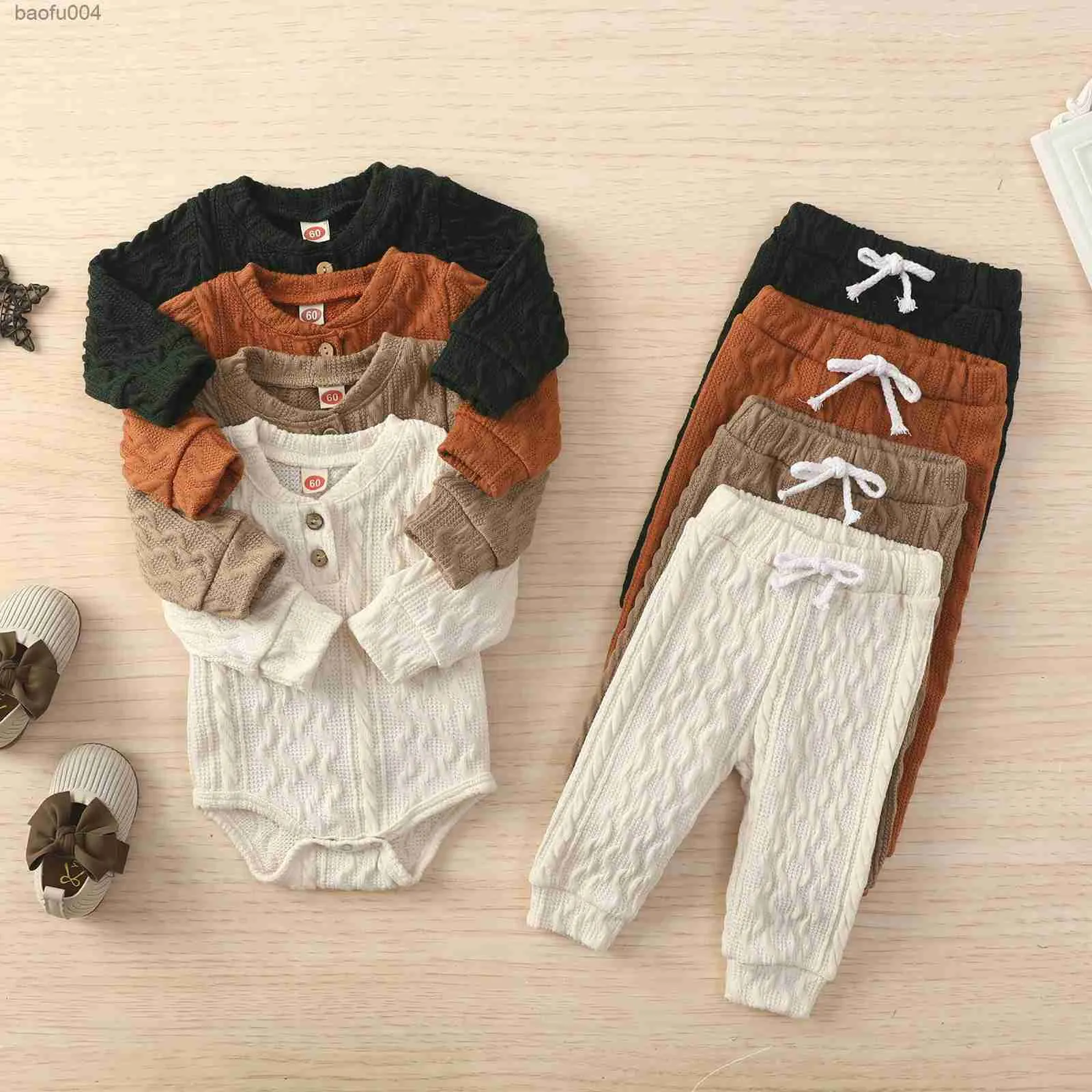 Kleidung Sets Herbst Solide Infant Baby Mädchen Tops Hosen Anzug Langarm Taste Pullover Stricken Casual Hosen Kleidung