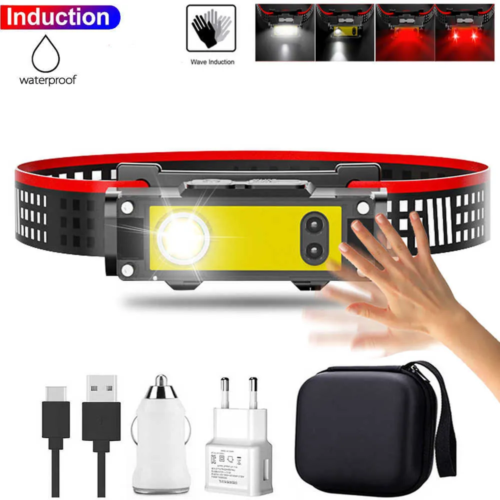 Head lamps Induction Headlamp COB LED Head Lamp Portable Waterproof Flashlight USB Rechargeable Head Torch 6 Lighting Modes 18650 HeadLight P230411