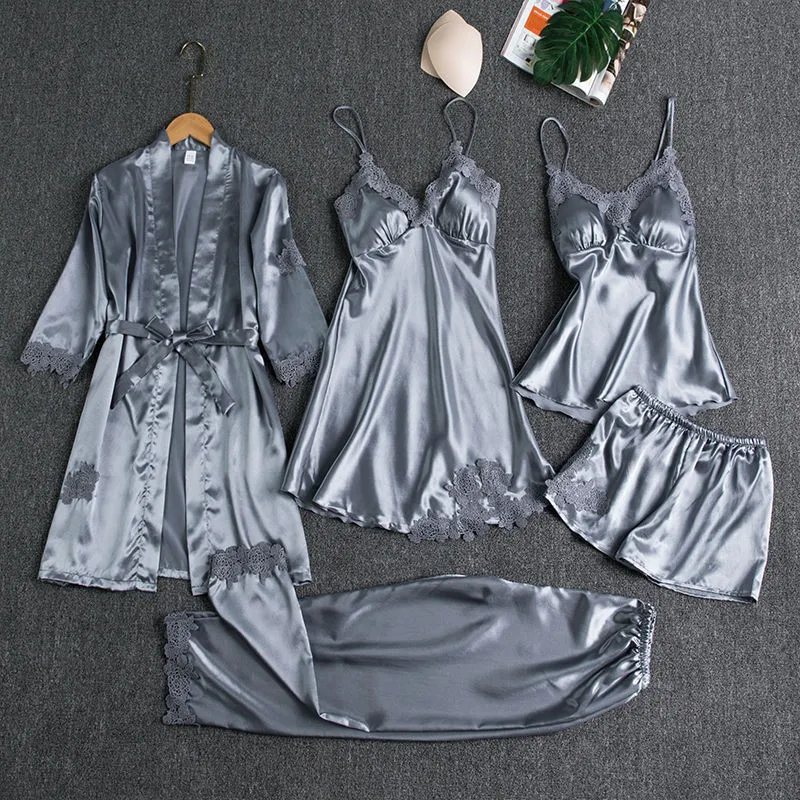 Женская одежда для сна Пижамы женские 5 шт. Пижамный комплект Атласные пижамы Кружево Лоскутное Свадебное ночное белье Искусственный шелк Домашняя одежда Ночной халат Костюм 230412