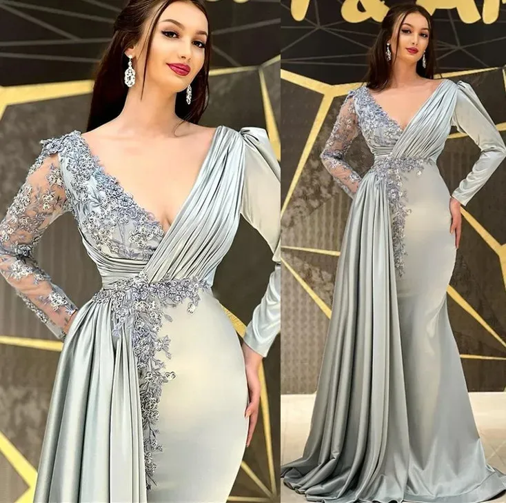 Satin Mermaid Prom Dress with V-Neck and Long Capped Sleeves, Beaded Lace  Applique, Floor-Length Zipper Closure from Dhgate Prom Dresses - price  152.77