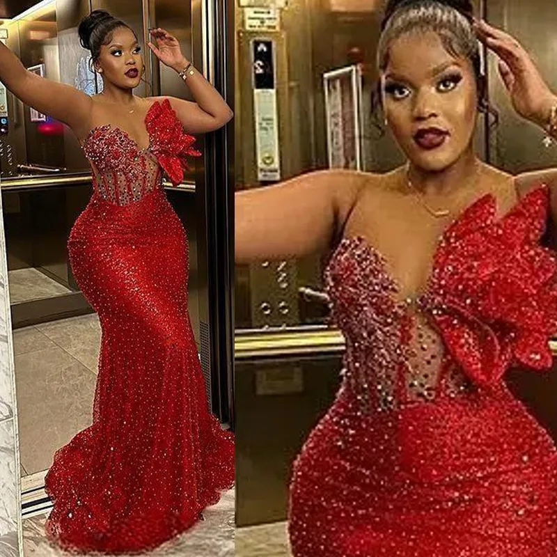 Plus Size Mermaid Prom Dress: Red Jewel Beaded African Evening Gown Shop  Now!