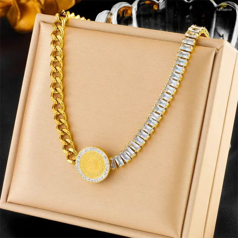 Necklace Earrings Set Stainless Steel Rhinestone Chain Irregular Splicing And Round Card Printed Bracelet Woman Jewelry