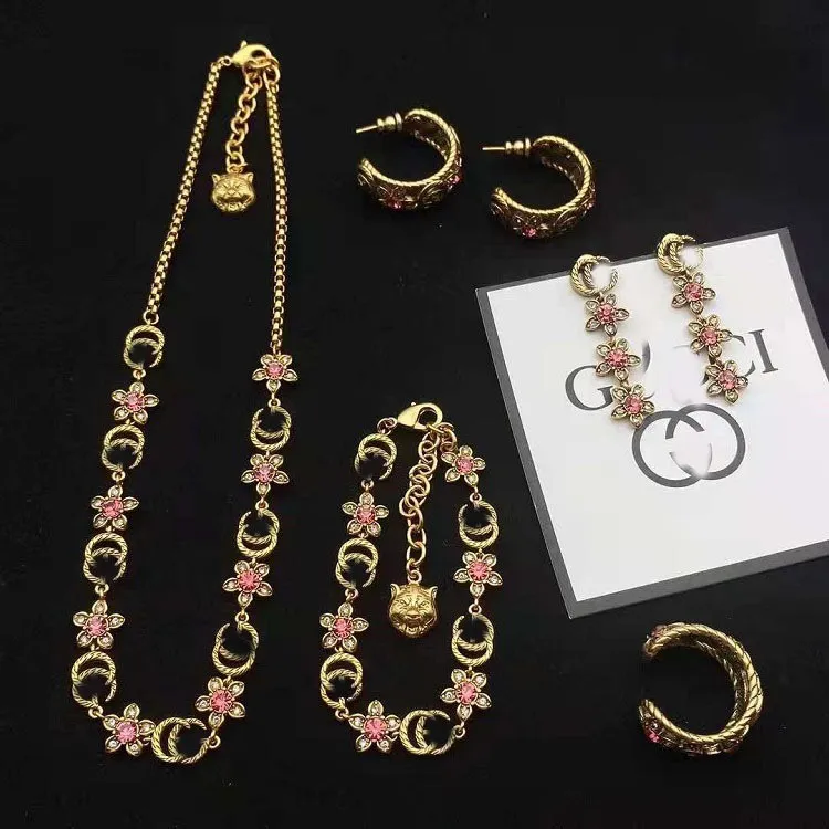 Классический винтажный розовый цветок ожерелье с буквой G браслет серьги серьги дизайнерский комплект браслетов для девочек