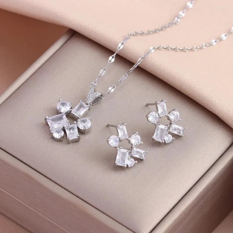 Pendant Necklaces In Sparkly Zircon Crystal Flower Earrings For Women Female Fashion Stainless Steel Jewelry Set Wholesale