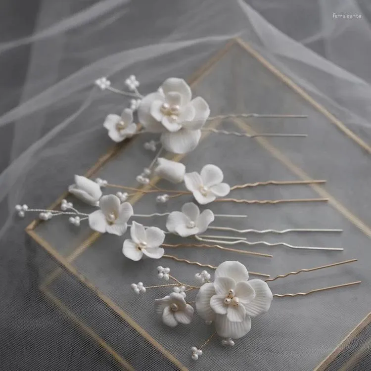 Hair Clips Wedding Accessories Porcelain Flower Clip Pin Gold Silver Color Hairpin Brides Gift Pearl Head Piece Women Bridal Jewelry