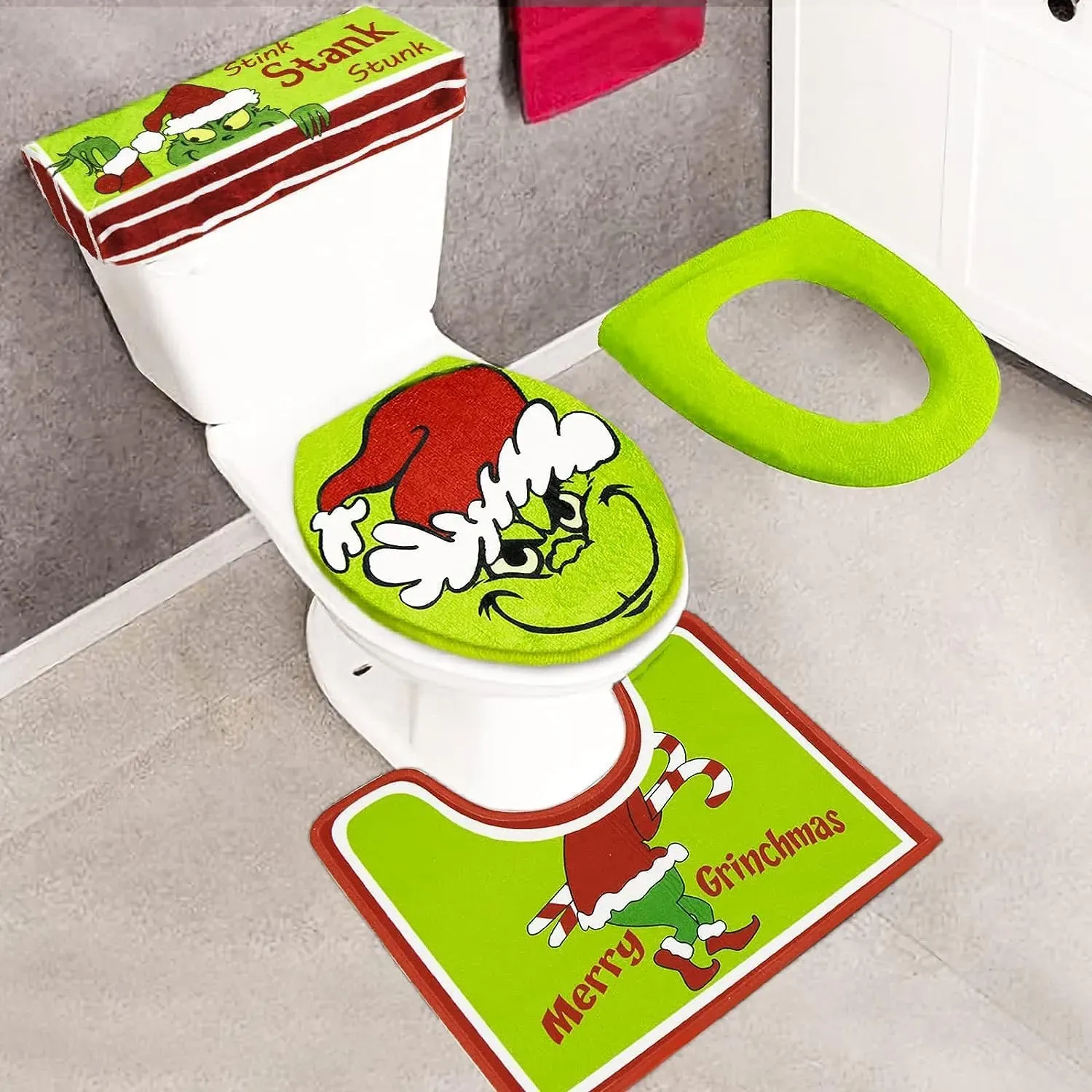 Grinch Christmas Decorations Xmas Bathroom Sets Grinchs Decor Toilet Seat Cover and Rug for Indoor Home Set of 4 1113