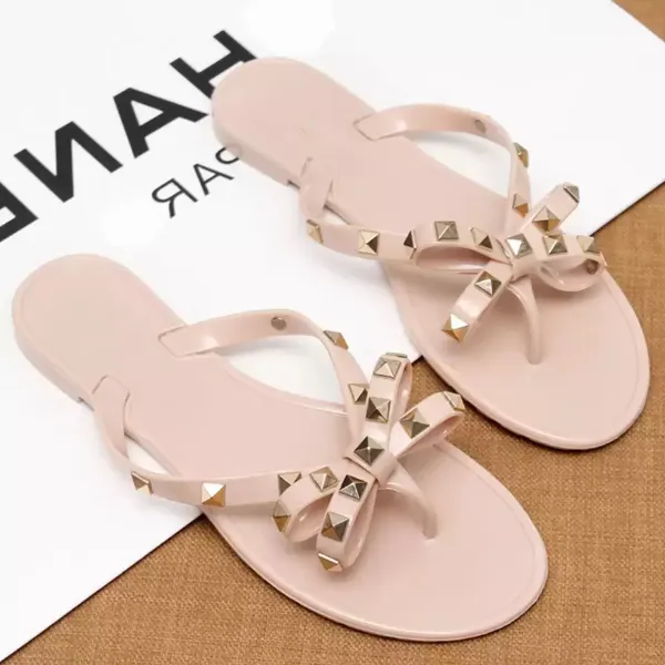 Fashion Design Rivet Bow Sandals Summer Crystal Shoes Women`s Outdoor Craft Flip Flops