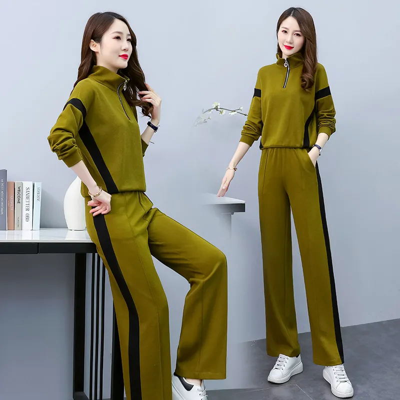 Kvinnors tvådelade byxor 2023 Spring New Korean Edition Fashion Style Contrast Panel dragkedja Tvådelat set