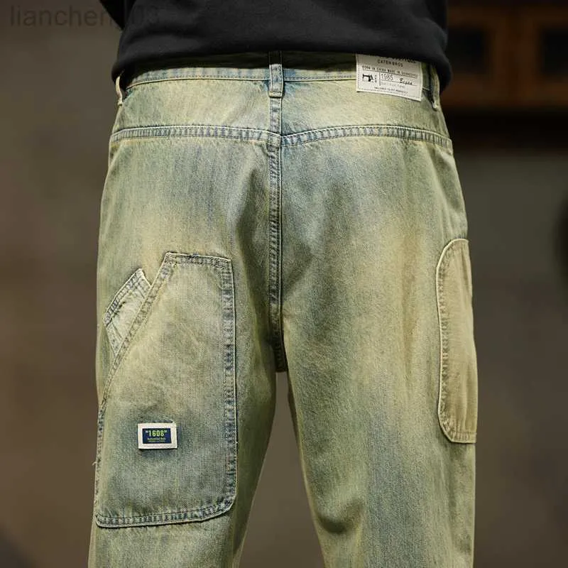 Jeans pour hommes printemps jeans pour hommes pantalons baggy coupe ample sarouel vêtements vintage hommes mode poches patchwork grand pantalon surdimensionné 42 W0413