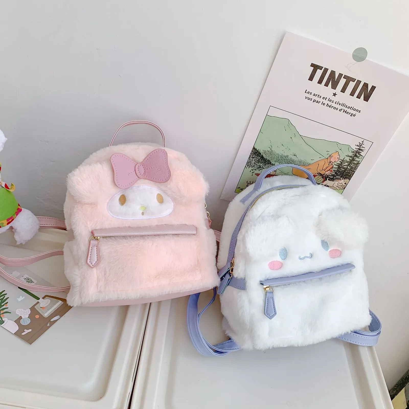 Plush Backpacks Kawaii Sanrioed My Melody Cinnamoroll Cartoon Plush Bag Anime Soft Stuffed Animals Plushie Backpack Girls Doll Christmas Gifts 230412