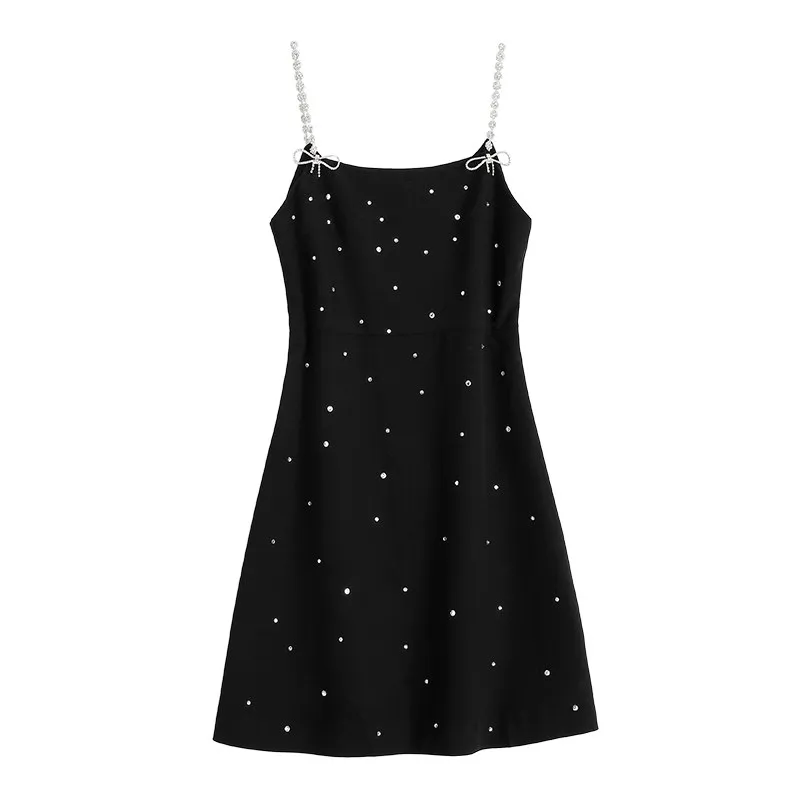 Abiti da festa da donna con fiocco in strass cinturino per spaghetti colore nero diamanti rattoppati vita sottile a-line abiti corti SMLXL