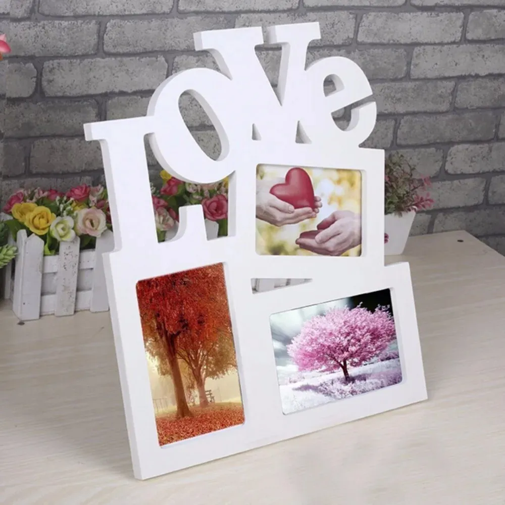 Frames DIY Lovely Hollow Love Wooden Family Po Picture Frame Rahmen White Base Art Home Decor 231113