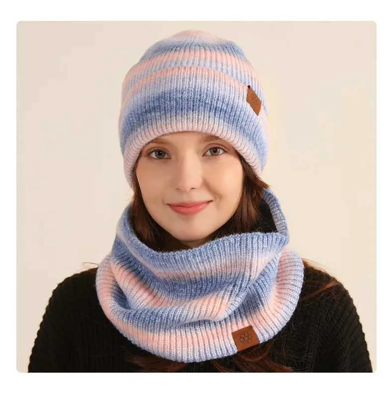 Charmingjolly 2 in 1 Outdoor Warm Tie-e Knit Scarf Hat Set European American Winter Women Men Unisex Gradient Color Fleece Scarf Beanie Kit Free Shipping