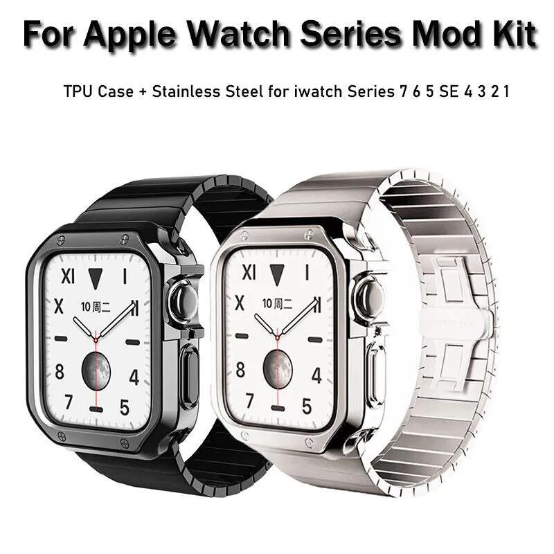 For Apple Watch Series 8 7 6 5 4 3 2 SE Ultra MOD KIT Set Protective Case Stainless Steel Band Strap Cover
