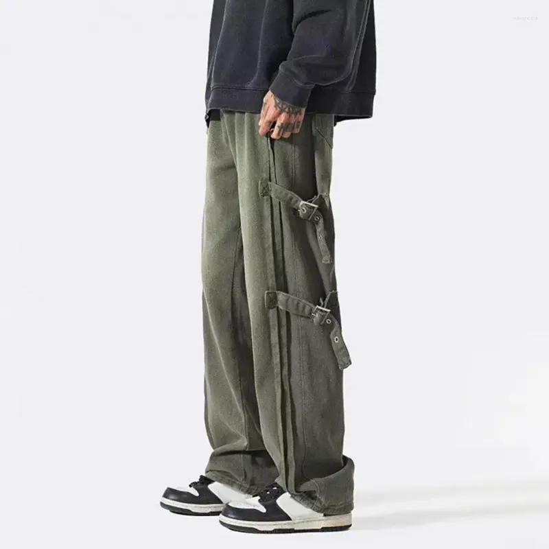 Men's Pants Wide-leg Cargo Trousers Stylish Mid-rise With Side Buckle Design Straight Wide Leg For Long-lasting Boys