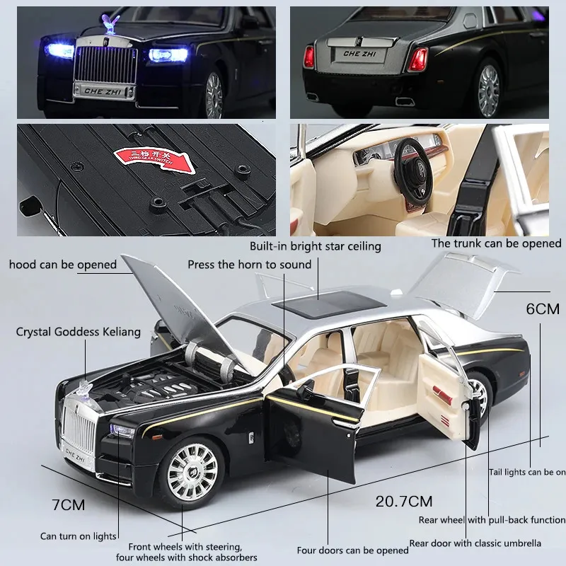 Diecast Model car 1 24 Rolls-Royce Phantom Starry Sky Top Car Simulation  Sound And Light Pull Back Alloy Car Model Decoration Boy Toy Car Gift 231110