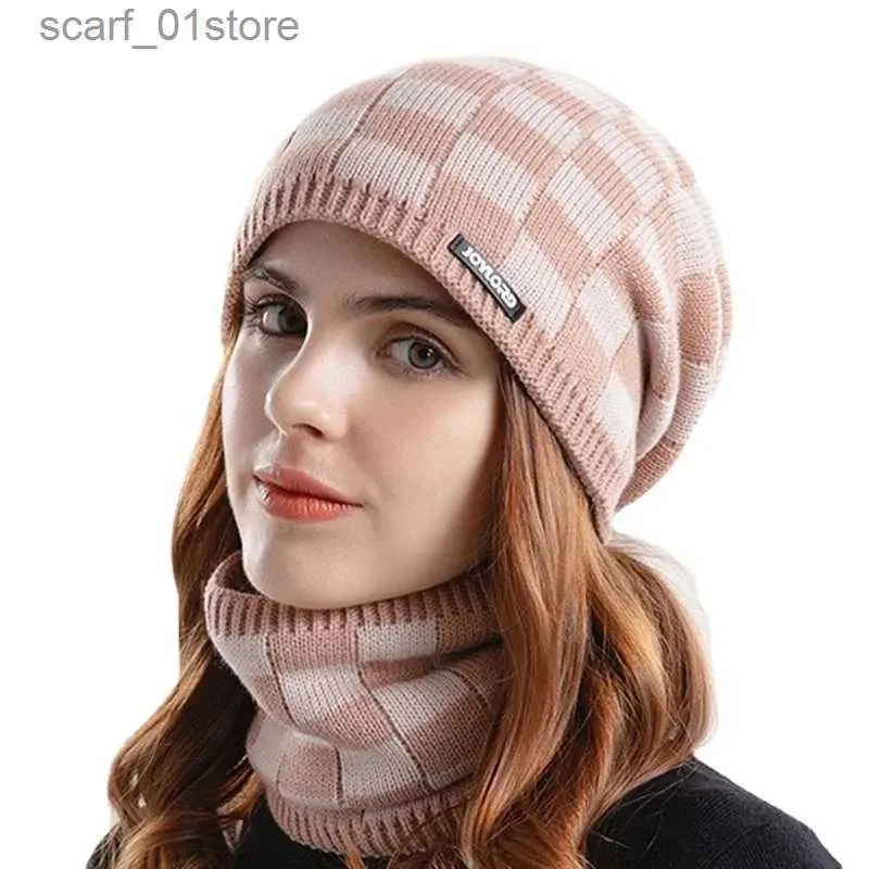 Ensembles de chapeaux et foulards Femmes Beanie Chapeaux Écharpe Ensemble Chaud Tricot Chapeau Crâne C Cagoule Femme Hiver Cache-Cou Épais Polaire Doublé Bobble Chapeau pour FemmesL231113