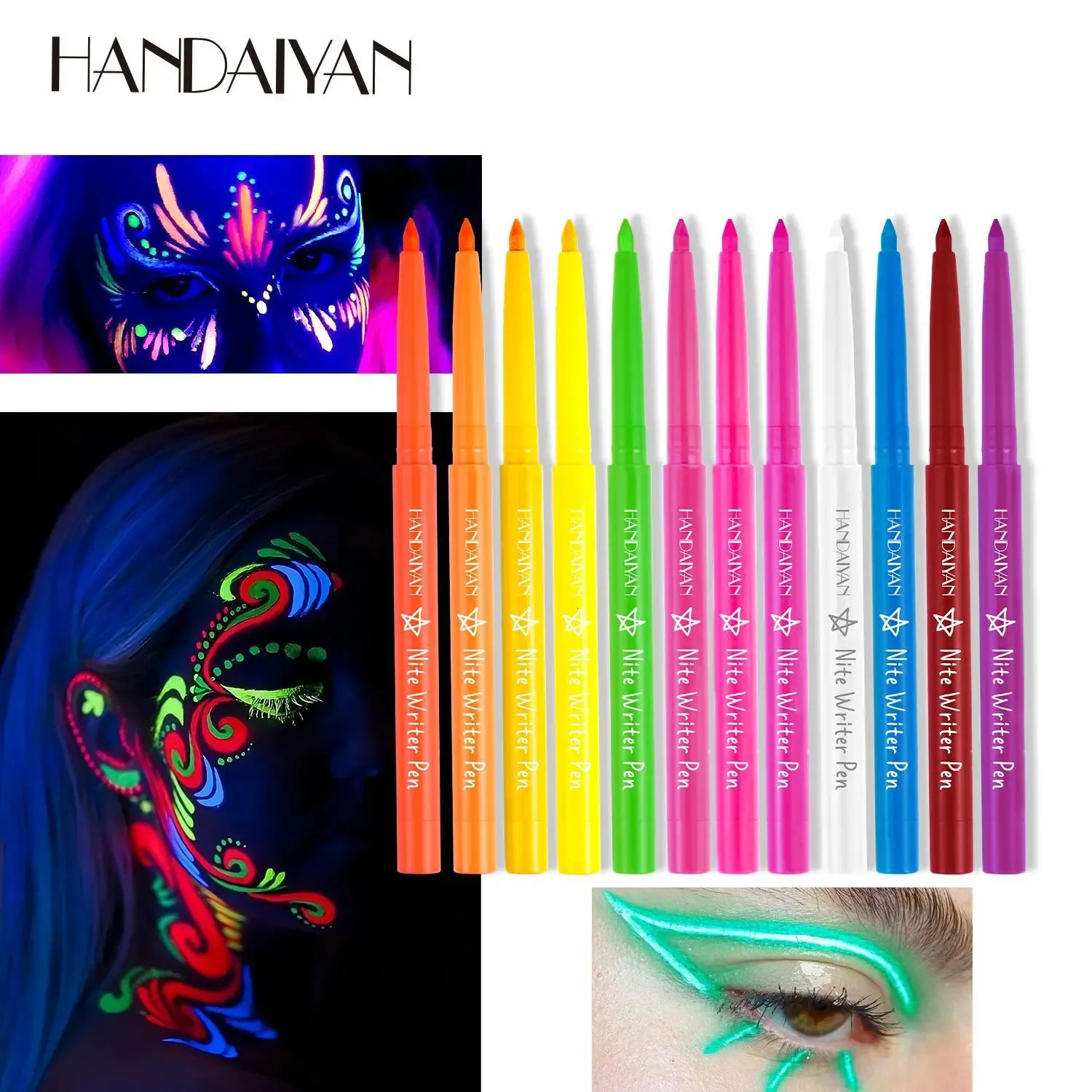 Ögonskugga/foderkombination handaiyan 12 färger uv neon eyeliner gel blyerts ansikte målning pigment vattentätt ögonfoder halloween kosmetik 231113