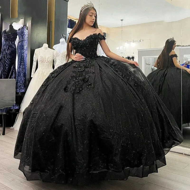 Quinceanera Kleider Prinzessin Blumen Schwarz Applikationen Pailletten Schatz Ballkleid mit Tüll Plus Size Sweet 16 Debütantin Party Geburtstag Vestidos De 15 Anos 88