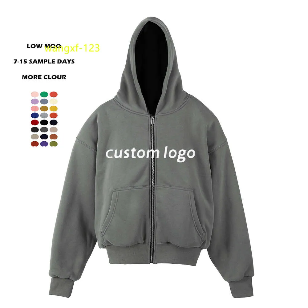 Anpassad tvättad zip upp hoodie fleece franska Terry unisex vanlig tom fasta färg tröja dubbla lager hoodies för män