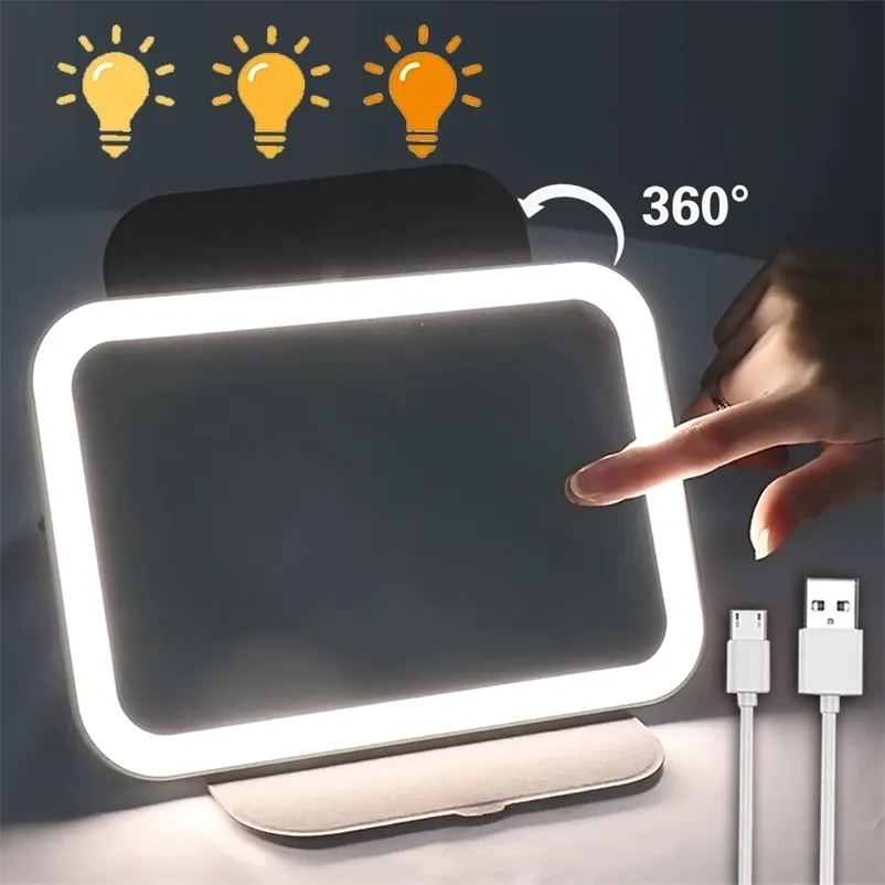 Kompakt Aynalar USB LED Makyaj Aynaları Işıklar Pembe 360 ​​Taşınabilir Katlanabilir Akıllı Seyahat Makyaj Masa Aynası Kozmetik Vanity Miroir 231102