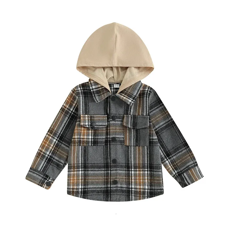 Płaszcz machający baby dziewczyna chłopiec flanelowa mała dzieciak guzika w kratę płaszcz płaszcza jesień zimowa koszulka z kapturem ubrania 231110
