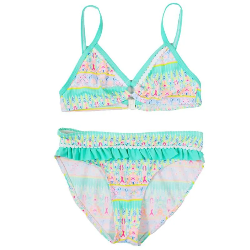 Damen-Badebekleidung, grün, Kinder, Mädchen, Blumendruck, Bikini-Set, verstellbare Träger, O-Ring verbunden, Schwimmoberteile und Unterwäsche