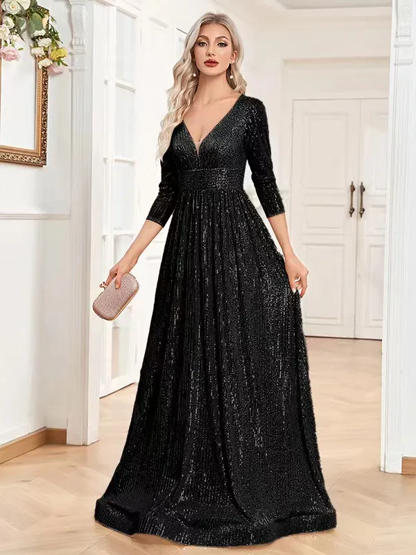 Bridesmaid Black And Gold Sparkly Dress One Shoulder Gold Sequins Side Slit Black  Bridesmaid Dress QB3025