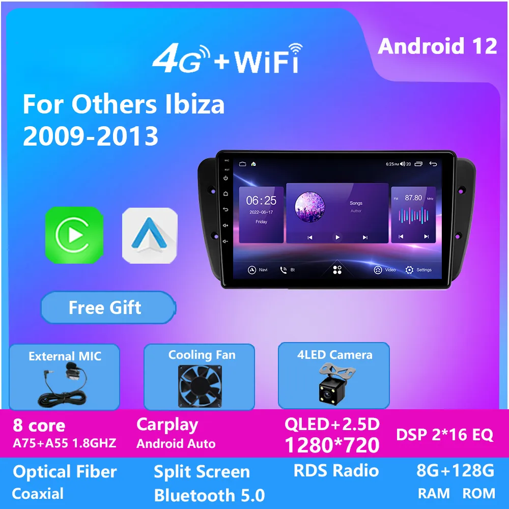 2din 9 polegadas de vídeo carro autoradio Android Touch Screen GPS System de navegação estéreo Audio Androidauto Video Car DVD Player para Seat Ibiza 2009-2013