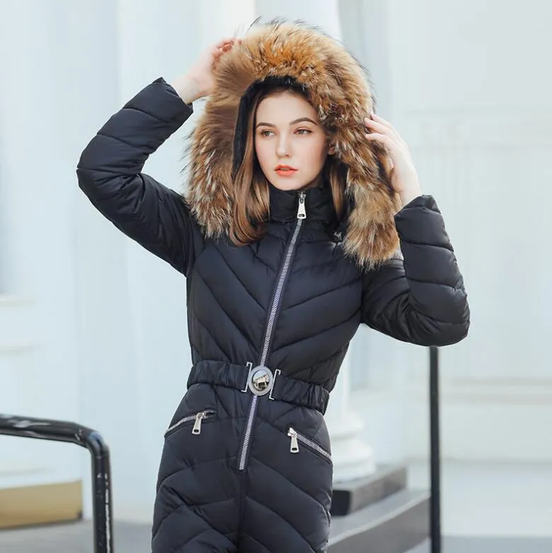 Winter Women`s Jumpsuits Hooded Women Parka Elegant Cotton Padded Warm Sashes Ski Suit Zipper One Piece Casual Tracksuits