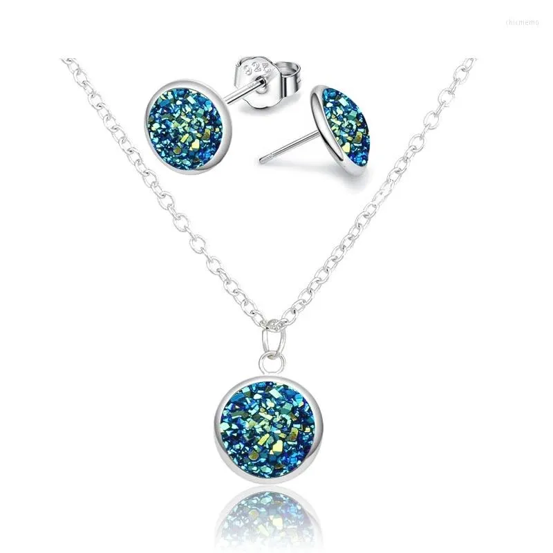 Necklace Earrings Set Fashion Drusy Round Pendant For Women Anti Allergy Bling Stud Sets Party