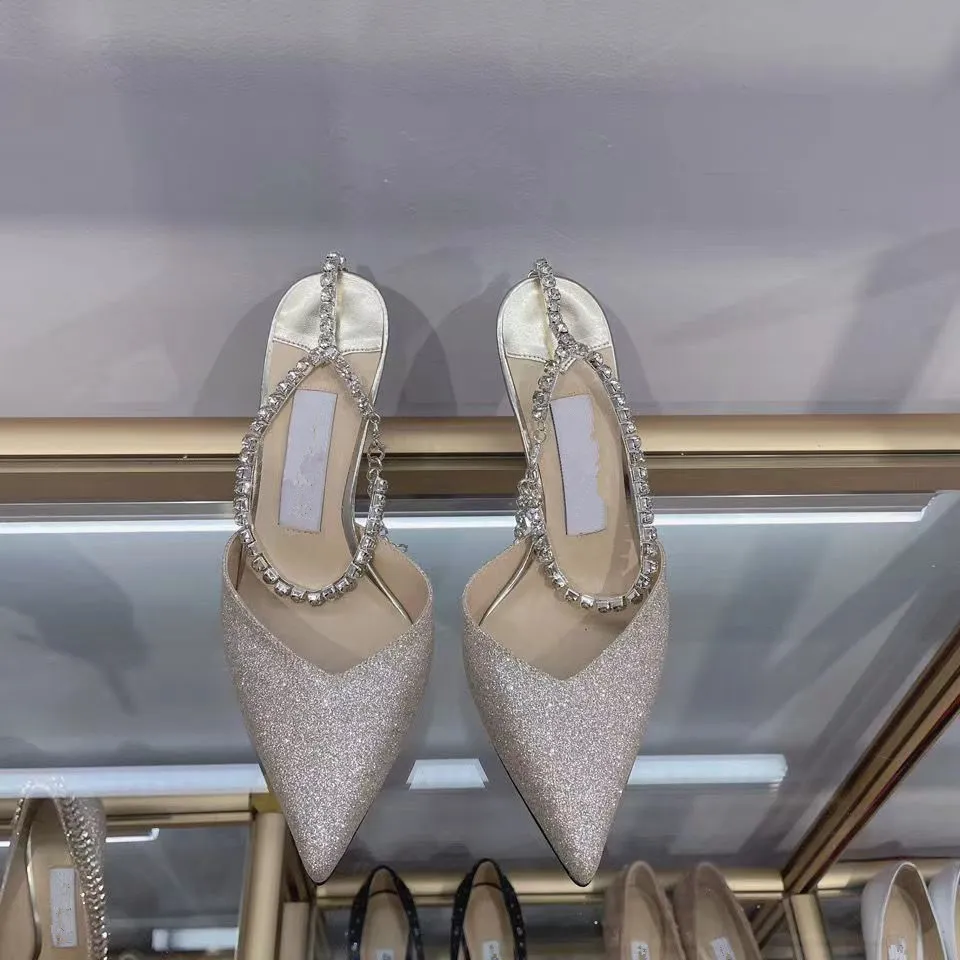 2023 Stilettos Women 'S Shoes Sandals Women 9Cm Rhinestone Chain Bride Dresses Buckle Stiletto Pointed Toe Ankle Bright Diamond-Chain High-Heeled Saeda Y-Shaped7