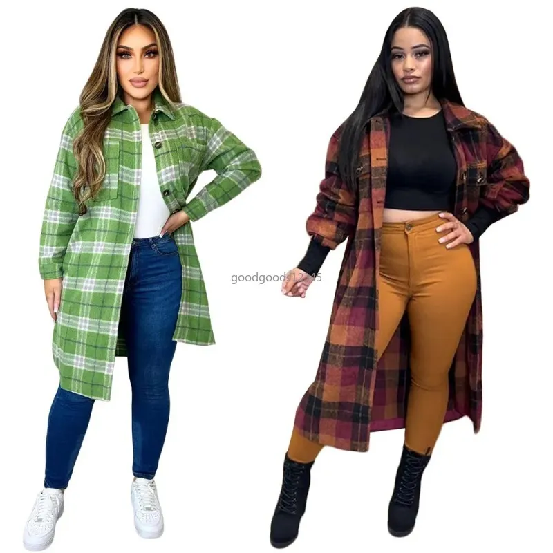 Designer Woolen Coat Women Plus size 3XL Fall Winter Long Sleeve Plaid Shirt Casual Turn-down Collar Long Style Tops Female Casual Cardigan Wholesale Clothes