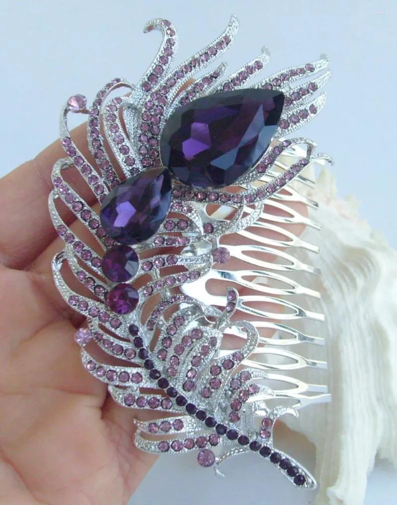 Hårklipp charmiga 4.33 "Purple Rhinestone Crystal Peacock Feather Comb Weddpiece FSE05038C2A