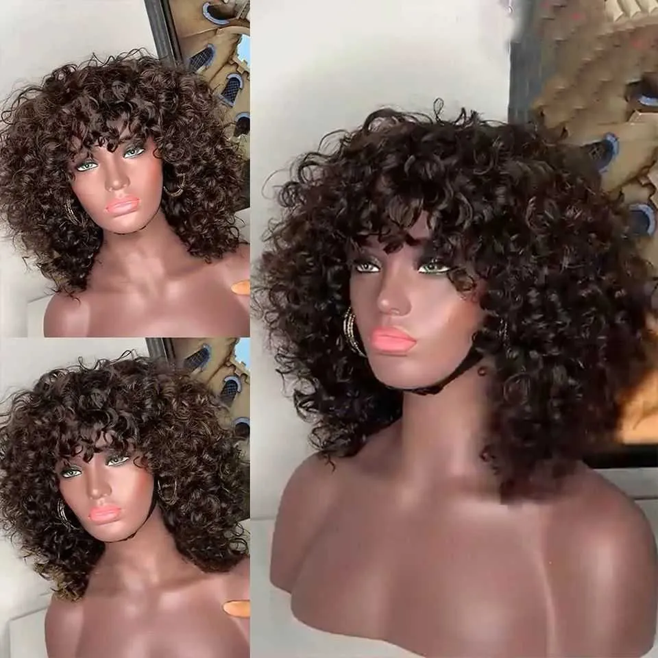 Nxy Hair Wigs Curly Human Full Machine Made with Bangs Short Bob for Black Women 180% Density Easy Install 230619