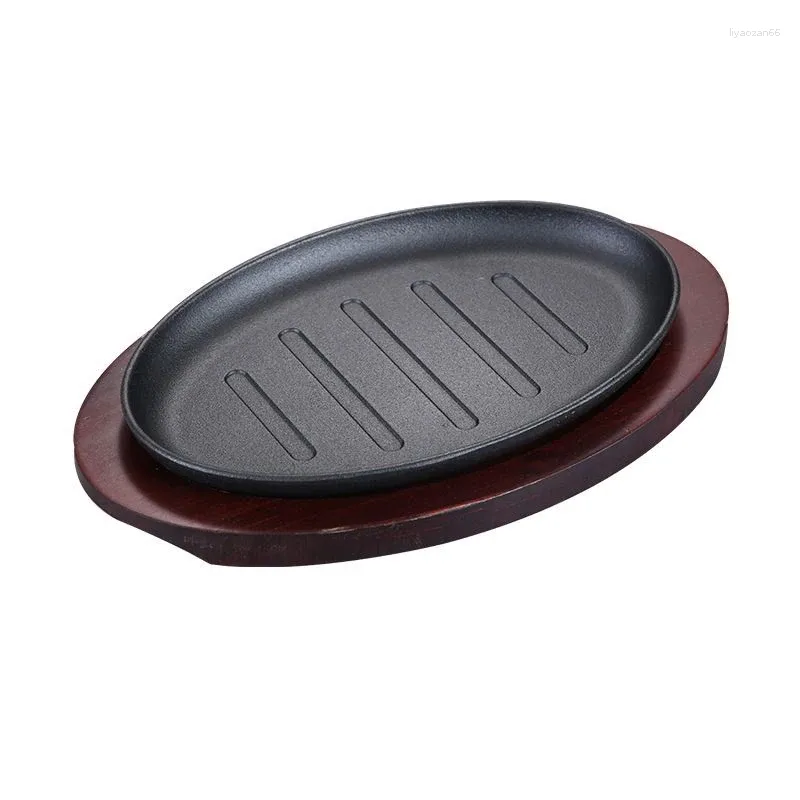 Korean BBQ Grill Pan Round Cast Iron Grill Plate, Wooden Tray