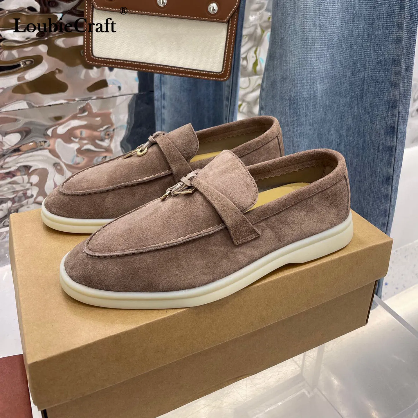 Dress Shoes Summer Walk Loafers LP vrouwen platte schoenen koffie suède slip op metalen slot Tassel mannen mocassins echte lederen slipper causale schoen 230412